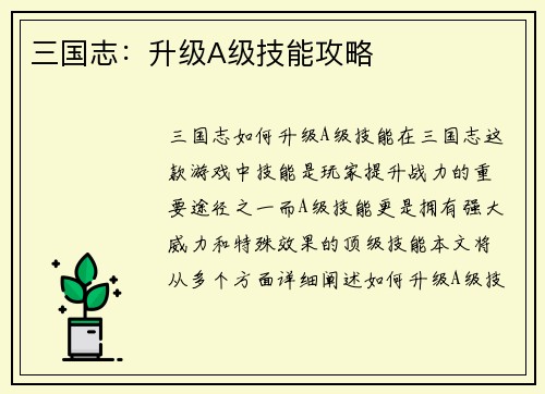 三国志：升级A级技能攻略