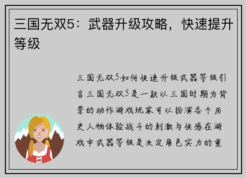 三国无双5：武器升级攻略，快速提升等级